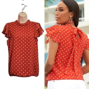 Sweet Pea Polka Dot Flutter Short Sleeve Back Bow Blouse Orange/White X-Small